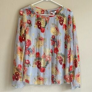 NWT‎ Kensie Blue Floral Sheer Flowy Boho Blouse Bell Sleeves Lightweight Medium